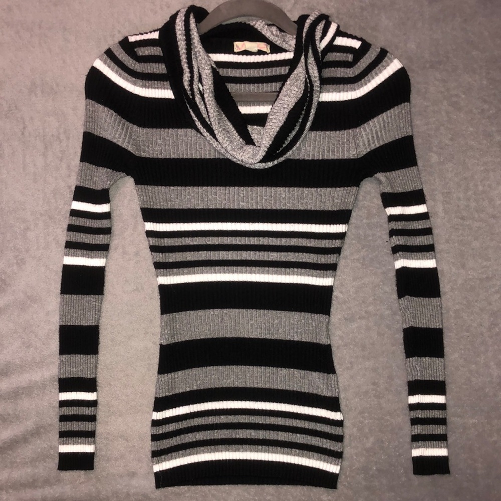 Cowl Neck Long Sleeve Striped Sweater